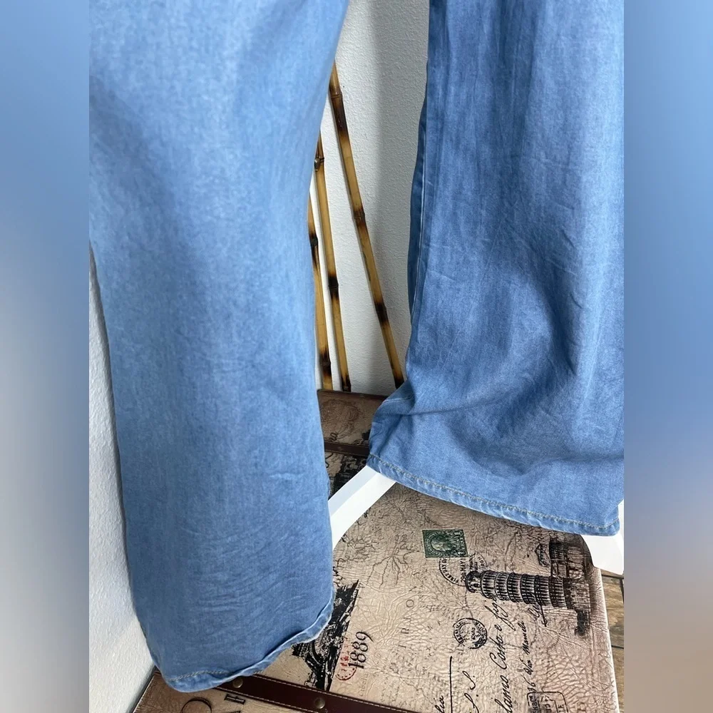 Boho Denim Wide Leg Chambray Overalls Jumpsuit Pockets Boho Summer Casual XXL